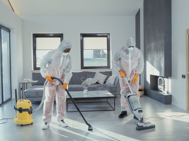 Two cleaners in protective suits vacuuming and sanitizing a room
